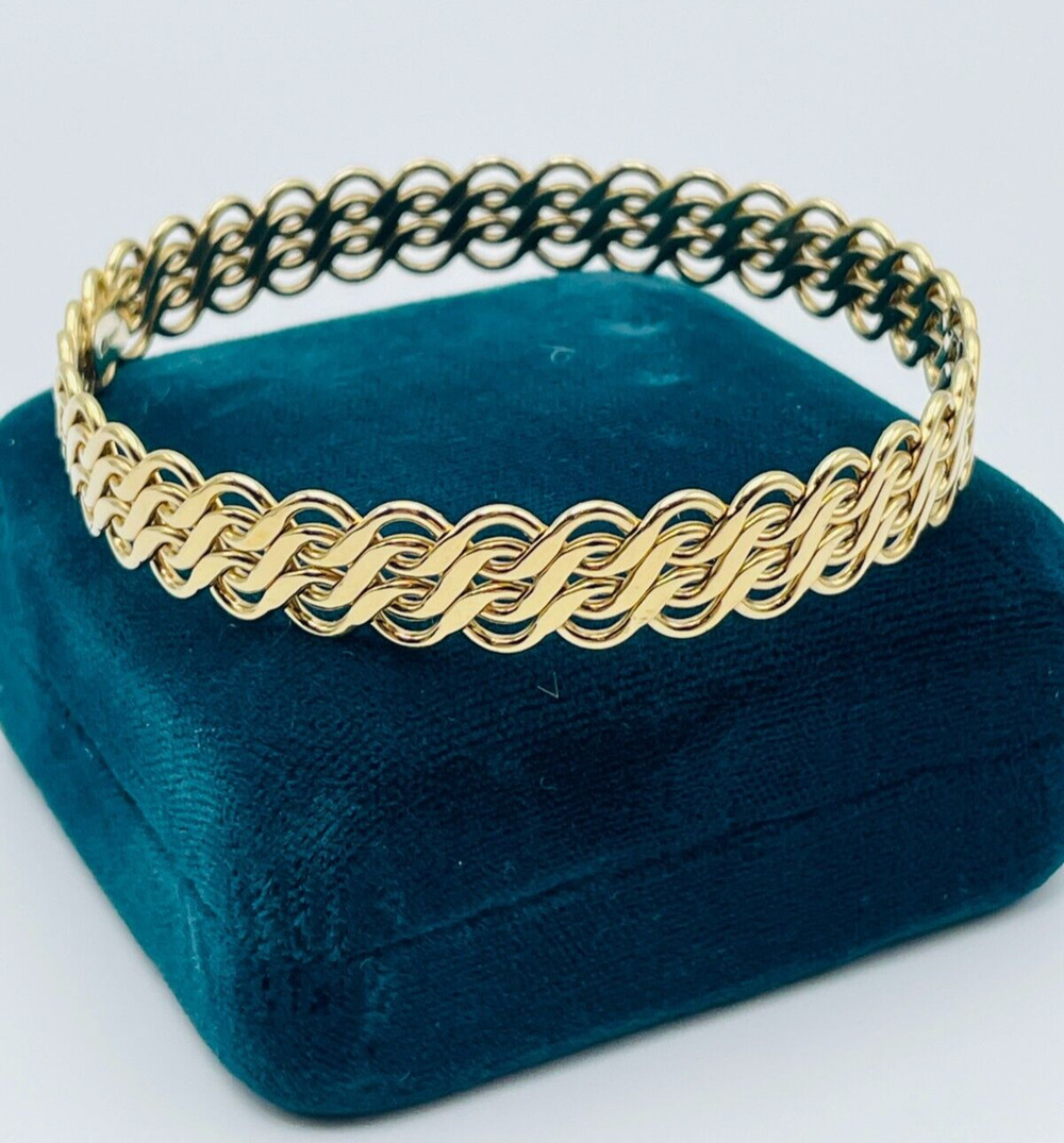 H.E.B. Karatclad Signed Yellow Gold Tone Woven Look Bangle Bracelet .41" Width